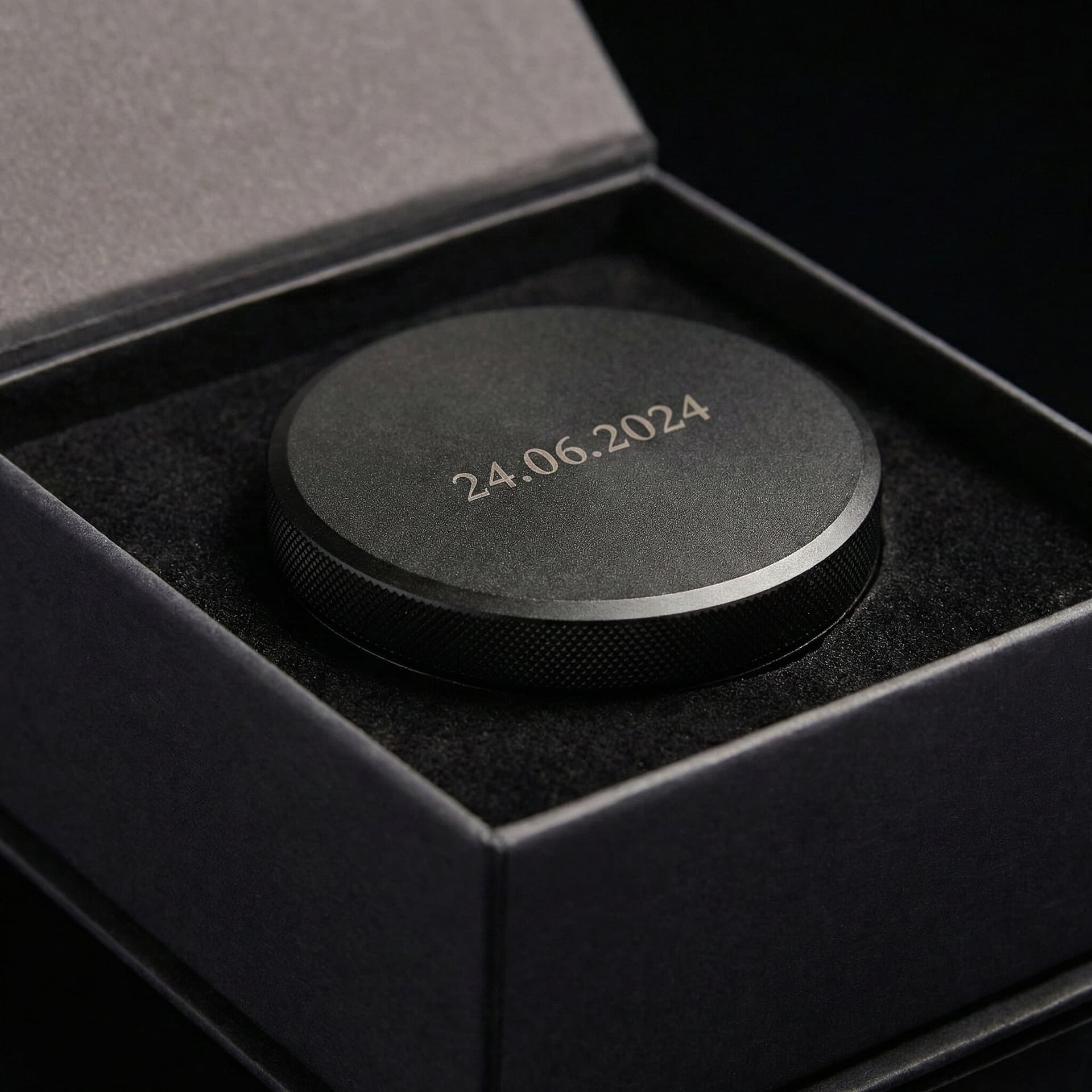 Schwarze Snus Dose mit graviertem Datum in hochwertiger Geschenkverpackung